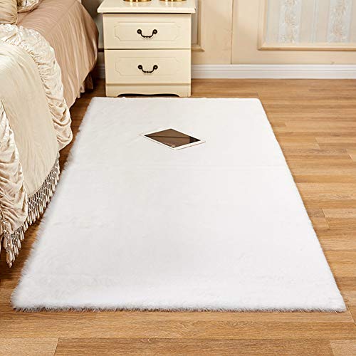 SKRCOOL Algodón Lana Alfombra,Rectángulo Fur Fauxfleece Shaggy Alfombras De área Anti-resbalón Yoga Alfombras para La Sala De Estar Dormitorio Sofá Alfombra-Blanco 70x120cm(28x47inch)