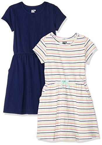 Spotted Zebra – Vestidos camiseta de manga corta de punto ajustados en la cintura para niña (2 unidades), Multi Stripe/Navy, US XL (12) (EU 146 -152 CM)