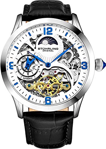 Stührling - Reloj automático original para hombre, esfera de reloj esqueleto, hora dual, AM/PM Sun Moon, correa de cuero, serie 571