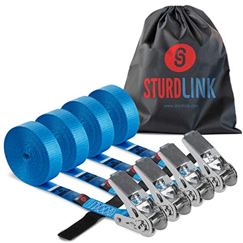 Sturdlink – Juego de 4 Correas de Amarre con trinquete de 5 m sin Gancho, Ancho 25 mm, LC 800daN con Sistema de sujeción. para sujeción, Transporte, desmontaje, Remolque, Barra de Techo para Coche