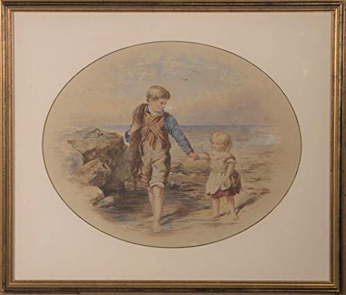 Sulis Fine Art Acuarela enmarcada de mediados del siglo XIX - Niños en la playa