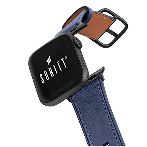 Suritt ® Correa para Apple Watch de Piel Rio (6 Colores Disponibles). 3 Colores de Hebilla y Adaptador para Elegir (Negro - Plata - Oro)(Series 6, SE, 5, 4, 3). (42mm / 44mm, Midnight Blue/Black)