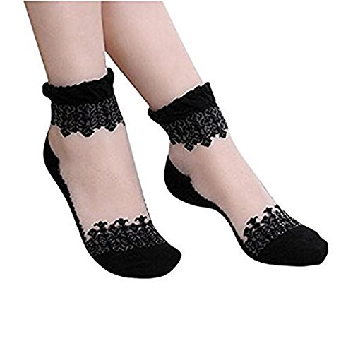 Swallowuk - Calcetines de Encaje Transparente Ultrafino de Cristal,Medias cortas,Medias y calcetines para adultos (23-25CM, Negro)