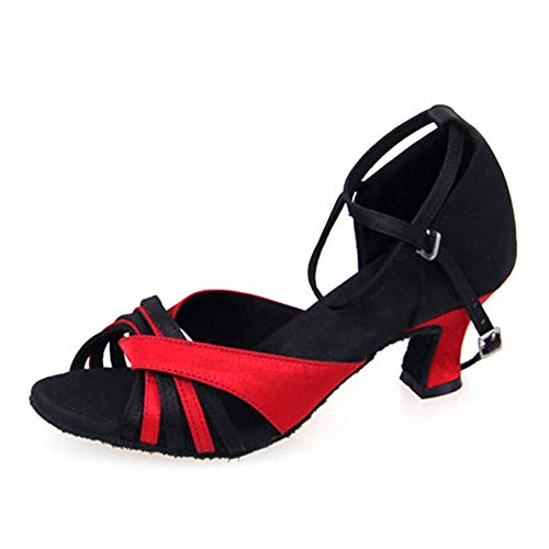 SWDZM Zapatos de Baile Latino para Mujer Baile de Salón Zapatos de Tango Salsa Samba Vals,Tacco-6CM,Modelo-KM505,Negro+Rojo,41EU