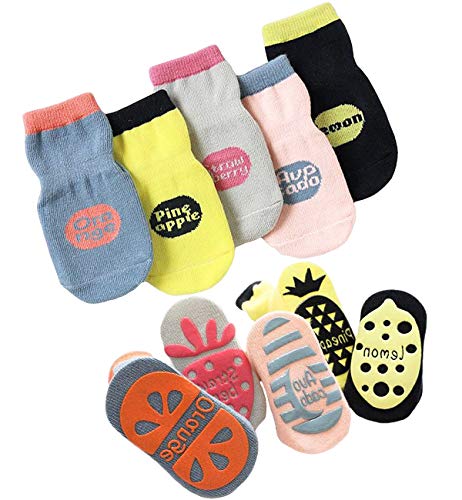 T WILKER 5 Pares de Calcetines Antideslizantes para Niños Pequeños, Bonitos Calcetines Antideslizantes con Estampado de Frutas para Niños y Niñas Recién Nacidos para Bebés de 0 a 5 Años (1-3 años)