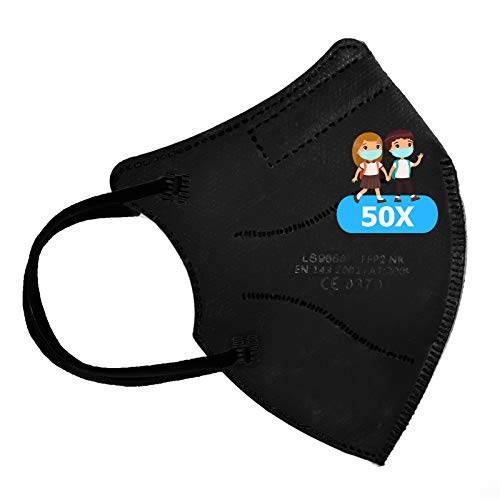 TBOC Mascarillas FFP2 Infantiles [Pack 50 Unidades] Máscaras Desechables para Niños [Color Negro] Cinco Capas [No Reutilizables] Transpirables Plegables con Pinza Nasal [Certificadas y Homologadas]