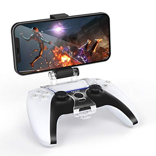 TiMOVO Clip de Celular para Controlador Inalámbrico PS5, Abrazadera de Montaje Ajustable 180〫Soporte Pinza Retráctil para Teléfono Móvil de Hasta 6,5" DualSense de PlayStation 5, Negro
