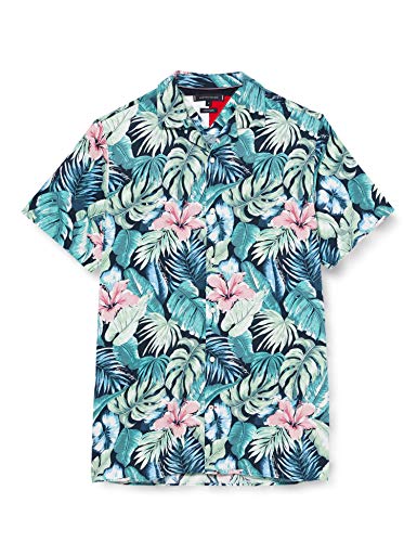Tommy Hilfiger Camisa de Manga Corta con Estampado Hawaiano de Flores y Hojas, Verde (Green), M para Hombre