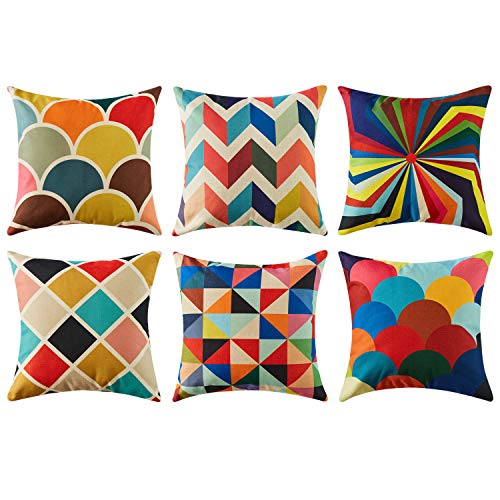 Topfinel Colorido geométrico algodón Lino Fundas de cojín para sofá Almohadas Home Decorativo Juego de 6, 40x40cm,Serie