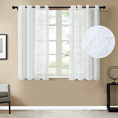 Topfinel Cortina para Ventana Bordada con rombal Translúcidas Visillos Paneles para Ventanas Habitaciones Gasa de Ojetes,140cm Anchura x 145cm Longitud 2 Pieza Blanco