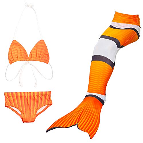 Traje de baño de niña Traje de baño de Cola de Sirena Piscina de Vacaciones Playa Traje de baño para niñas Bikini Conjunto de 3 Piezas Patrón de pez Payaso Naranja 130