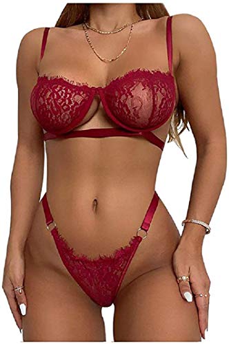 UMIPUBO Conjunto de lencería de Encaje Babydoll Nightwear Ropa Interior Ropa de Dormir Transparente Tanga G-String