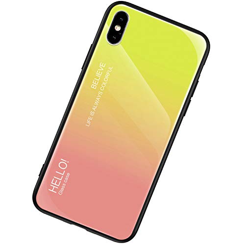 Urhause Funda Compatible con iPhone XS MAX,Carcasa KunyFond Gradiente Vidrio Templado Silicona Dura TPU Bumper Hombres y Mujeres Premium Moda Simple Color Degradado Anti caída Case-Rosa Amarilla