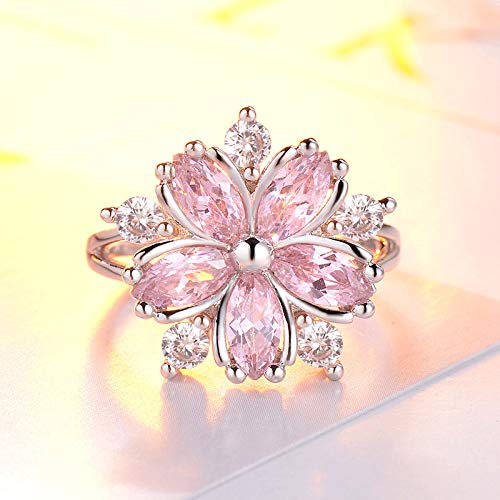 VARIATION Anillo Mujer,Anillo de Flor de Cristal de circonita cúbica de Plata esterlina 925 Brillante para Mujer Anillo de Boda de Piedra Blanca Rosa con Copo de Nieve, Rosa, 7