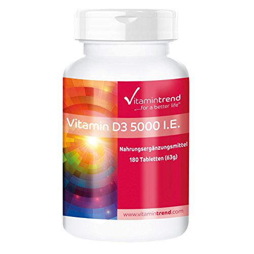 Vitamina D3 5000 UI – 180 comprimidos – Más concentrado que en forma líquida – Fabricado en Alemania – Colecalciferol – Vitamina del sol
