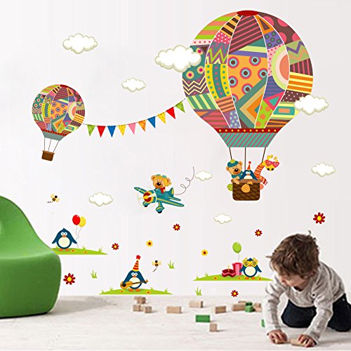 Wallpark Retro Patrón Geométrico Vistoso Globo aerostático Avión Lindo Pingüino Oso Jirafa Desmontable Pegatinas de Pared Etiqueta de la Pared, Bebé Niños Hogar Infantiles Vivero Decorativas Murales