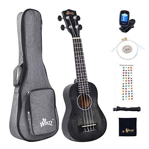 Winzz Ukelele Soprano para Niños Kit para Principiantes con 6 Accesorios, Diseño de Color Único - 21 Pulgadas Negro