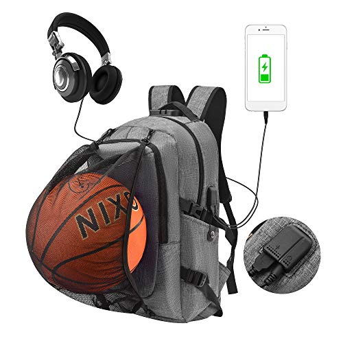 WOTENCE Mochila Antirrobo para Portátil, Reflexivas Multiusos Daypacks con Puerto de Carga USB y Toma de Auriculares Mochila con la Red de Baloncesto, Ideal para Estudiantes/Negocios/Viajes (Gris)