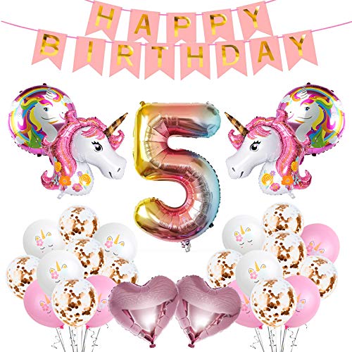 Yisscen Unicornio Decoración de Globos de Cumpleaños, Conjunto de Pancartas Látex Confeti Papel de Aluminio Numérico 5 Fiesta en Globo Usado para 5 Años Niña Suministros de Decoración para Fiestas