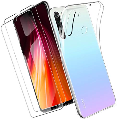 Yoowei Funda Compatible con Xiaomi Redmi Note 8 + [2-Pack] Cristal Templado, Transparente Suave Delgado TPU Silicona Carcasa con 2 Unidades Protector de Pantalla de Vidrio Templado