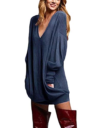 ZANZEA Jerseys de Punto Mujer Largos Cuello V Manga Larga Otoño Vestidos Sudadera Casual Tallas Grandes Suéter Suelta Azul M