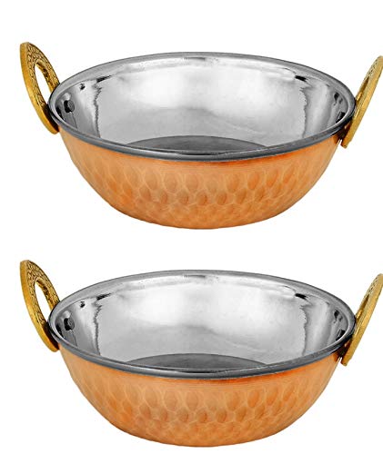 Zap Impex - Juego de 2 cuencos indios de cobre y acero inoxidable martillado Karahi (19 cm)