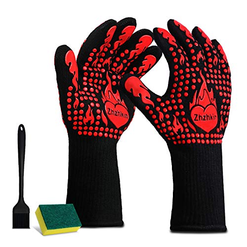 Zhzhkin Guantes para Horno, Guantes de Barbacoa, Resistencia al Calor Hasta 800 ° C, para Parrillada, Microondas, Chimenea, Accesorios de Cocina, incluye 1 Pieza Esponja +1 Cepillo