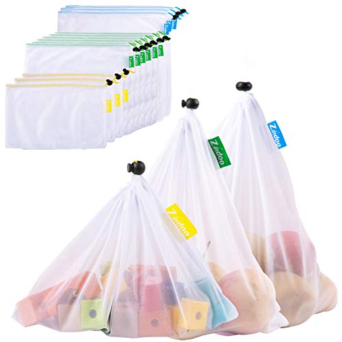 Zindoo Bolsas Compra Reutilizables Ecológicas, Alternativa al plástico, Lavable y Transpirable Bolsa de Malla para Almacenamiento Fruta Verduras Juguetes 15PCS(4S*7M*4L)