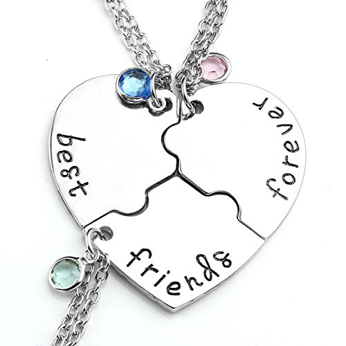 Zysta Cadena de la amistad hermanas, collar con colgante en forma de corazón dividido en tres / cuatro piezas, color plateado con grabado Best Friend Forever Bonito regalo para amigos Tres piezas