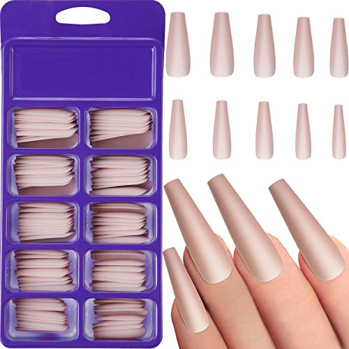 100 Piezas Uñas a Presión de Bailarina de Mate Extra Largas Uñas Postizas de Coffin de Cubierta Completa de Color Sólido con Caja para Mujer Niña Decoración de Uñas (Color Desnudo)