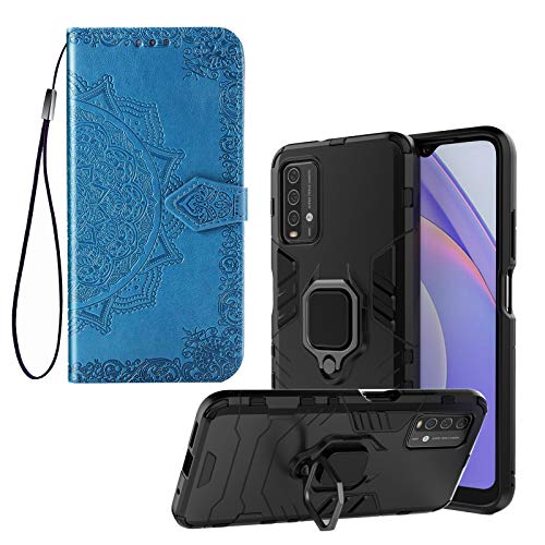 [2 Fundas] Funda para Xiaomi Poco M3 / Xiaomi Redmi 9T, Carcasa Antigolpes Protector Robusta Resistente Case Color Negro + Azul