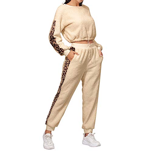 2 Piezas Chándal de Mujer Conjunto de Traje Deportivo Camiseta de Manga Larga Pantalones Largos Ropa Suelta y Cálida de Casa con Estampado de Leopardo Casual (Dorado, S)