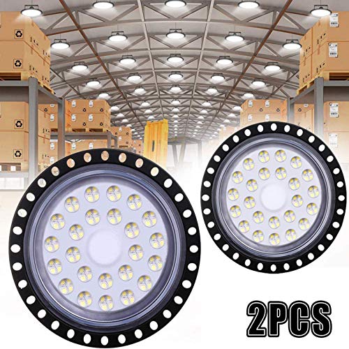 2Pcs UFO LED Iluminación, WZTO 5000LM 50W Techo de Cristal 6000K-6500K Impermeable IP65, Brillante Iluminación Comercial Bahía Luces Almacén led Lámpara de Techo de Cristal- Garantía de 2 años