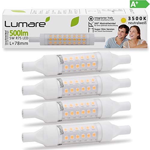 4x Lumare R7s LED 5W 78mm 230V Foco Capacidad equivalente a 50W bombilla halógena Foco Bombilla para halógeno (3500 K blanco cálido hasta blanco neutro)