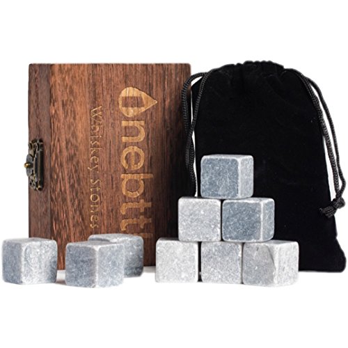 9pcs Piedra de Jabón Gris Piedras de Whisky - Onebttl Whisky Stones para Enfriar su Whisky Vino y otras Bebidas Cubos de hielo reusables-con una Elegante Caja de Madera y Bolsa de Terciopelo