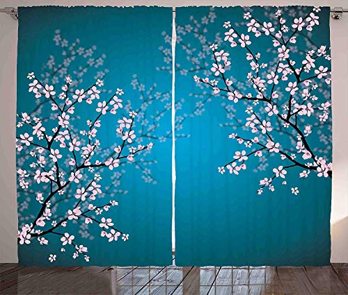 ABAKUHAUS japonés Cortinas, Patrón Sakura Bloom, Sala de Estar Dormitorio Cortinas Ventana Set de Dos Paños, 280 x 245 cm, Gasolina Azul pálido Rosa