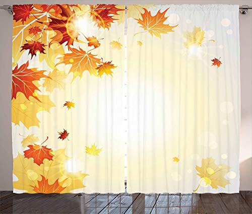 ABAKUHAUS Otoño Cortinas, Flying Hojas de Arce, Sala de Estar Dormitorio Cortinas Ventana Set de Dos Paños, 280 x 245 cm, Pálida Mostaza Naranja Oscuro