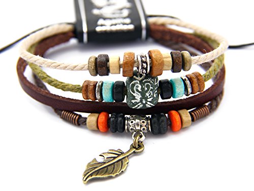 Agathe Creation – Pulsera Tibetain puerta felicidad – colgante hoja en bronce – pequeño cuero, cáñamo y cuentas de madera, terracota y metal – Multicolor – Talla estándar – hecho a mano