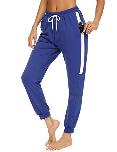 Aibrou Pantalones Deporte Mujer Pantalones Chandal Algodón Pantalón Jogger Yoga Fitnes Pantalones de Punto de Rayas, (Azul Cobalto, M)