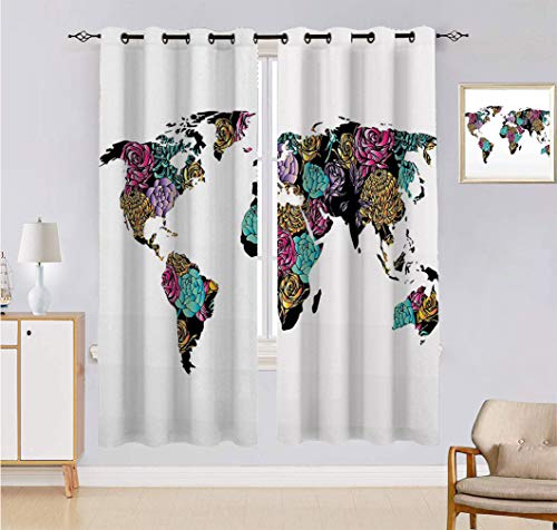 Alandana Cortinas de la tierra, mapa del mundo con elegancia, diseño de pétalos temáticos Shabby Chic para sala de estar, 2 paneles, cada panel de 137 cm de ancho x 228 cm de largo, multicolor