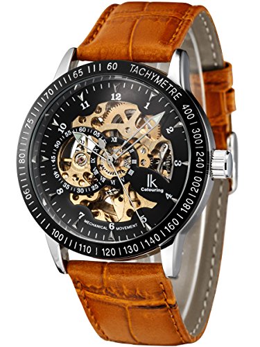 Alienwork IK Reloj Automático Hombre Mujer Plata Pulsera de Cuero marrón Negro Esqueleto