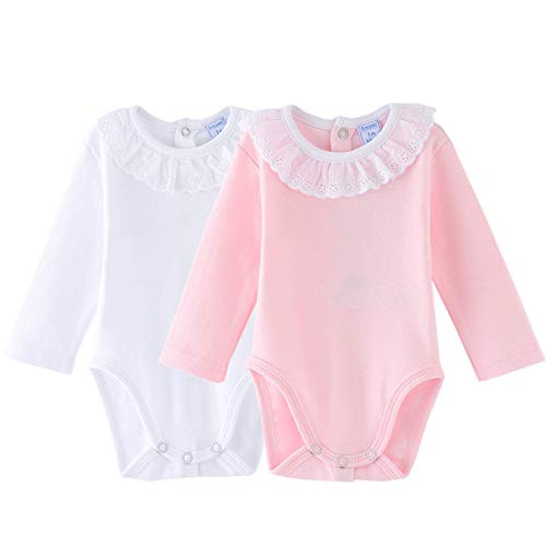 Amomí Body Cuello Batista para Bebé Niña, Pack de 2 unidades, Manga Larga, 100% Algodón, (9 Meses, Rosa-Blanco)