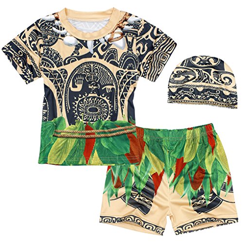 AmzBarley Moana Maui Traje de Baño Bañador Niño Disfraz Fiesta 3 Piezas Conjunto de Camisetas Manga Corto,Niño Pantalones Cortos/Shorts y Gorro Nadador Natación de Niño Marrón Claro,2-3 Años