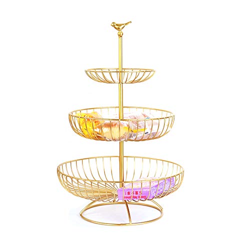 Apark Frutero de 3 pisos, Desmontable Metal Cesta Fruta, para Conservan Frutas, Verduras, Bocadillos o Pan, Tamaño de la Cesta de Frutas: 16.5CM, 24.5CM, 30CM, Altura: 47CM (Dorado)