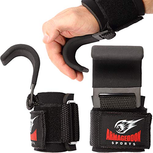 ARMAGEDDON SPORTS Correas de Agarre con Ganchos de Metal para Levantamiento de Pesas - Guantes para Gimnasio Musculacion Elevación Muñequeras de Peso - Power Lifting Grip Hooks Deadlift