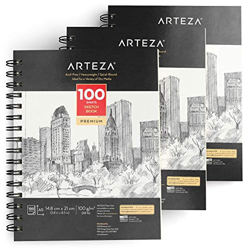 Arteza Blocs de dibujo artístico | Tamaño A5 | Pack de 3 | 100 hojas x 3 | Papel fino color crema de 100 gsm sin ácidos | Para prácticas de dibujo y bocetos con medios secos