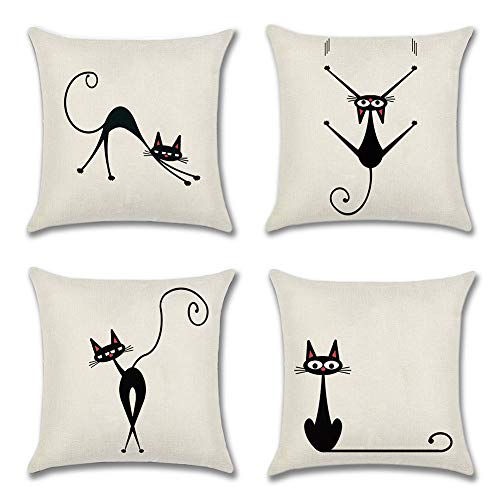 Artscope Funda de Cojín de Algodón de Lino Suave Funda de Almohada Cuadrado para Sofá Cama Decoración para Hogar 45x45cm,Set de 4 (Gato)