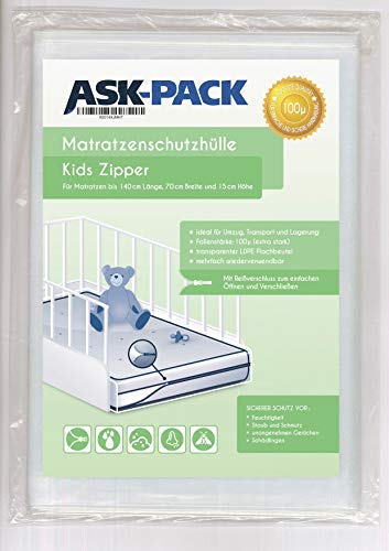 ASK Pack Premium - Funda protectora para colchón infantil con cierre de cremallera para colchones de 70 cm de ancho / hasta 15 cm de alto / 140 cm de largo - Extra fuerte 100μ