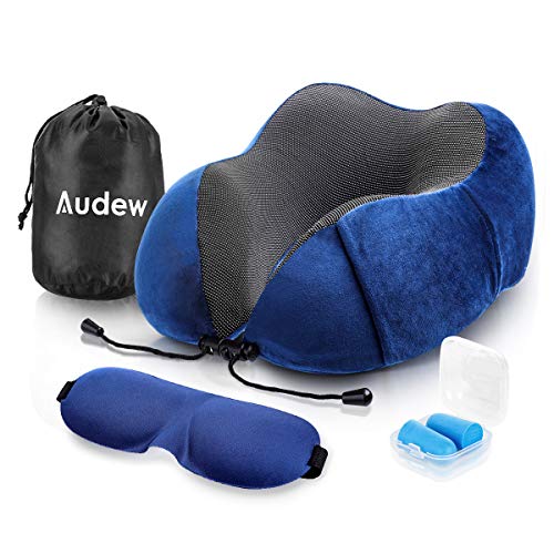 Audew Almohada Cervical de Espuma Viscoelastica, Cojin Viaje para Cuello y Cabeza 360° Soporte, Almohada Avion con Antifaz y Tapones para Dormir y Bolsa Transporte, Azul