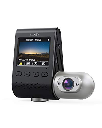 AUKEY Doble Dash CAM 3 in 1 1080P FHD Visión Nocturna por Infrarrojos Car Dash CAM 170 Grados Ancho Ángulo Cámara de Coche con Supercondensador, WDR, G-Sensor, y Cargador de Coche con Doble Puerto